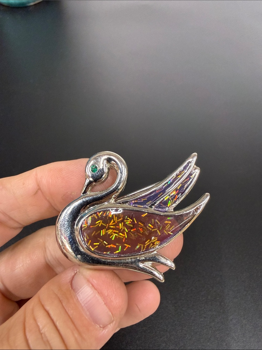 Silver Swan Brooch with Amber Glitter Inlay - Unbranded